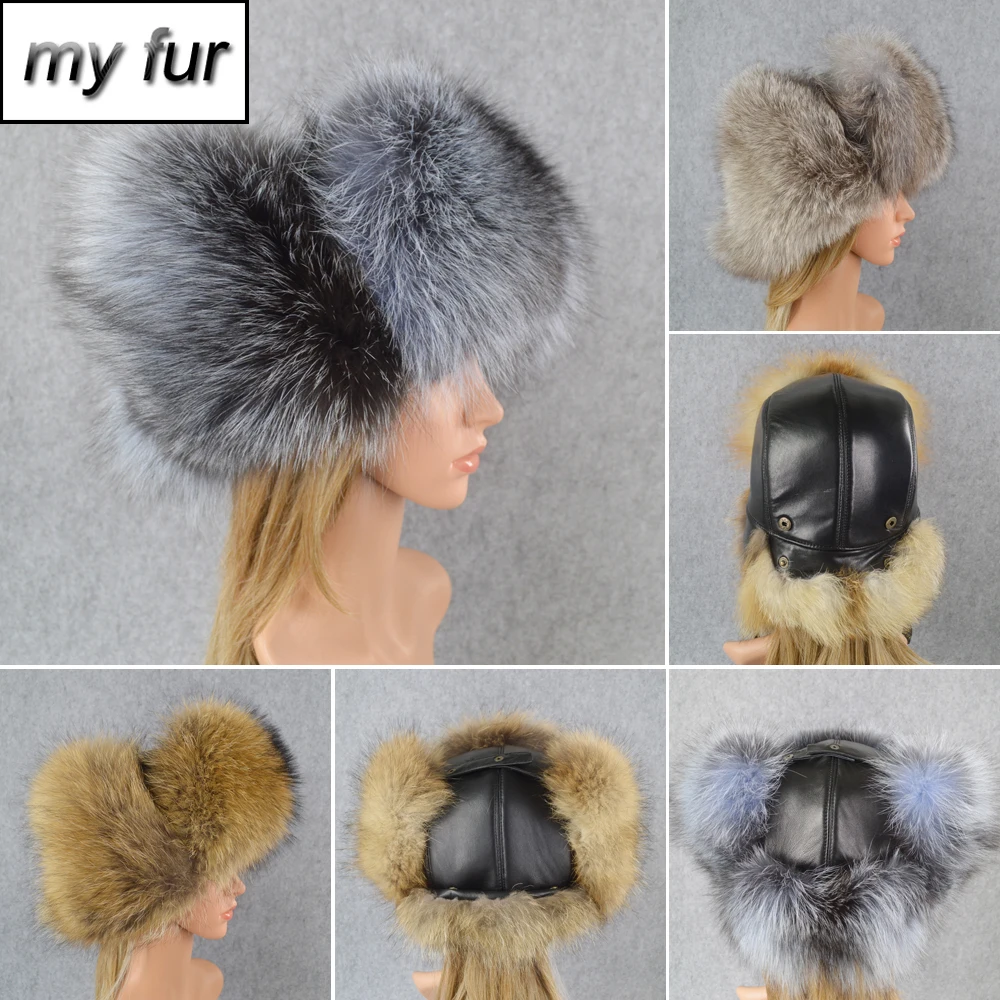 2020 New Winter Real Fox Fur Bomber Hats Women Raccoon Cap Russian Ushanka Thick Warm Sheepskin Leather Hat | Аксессуары для