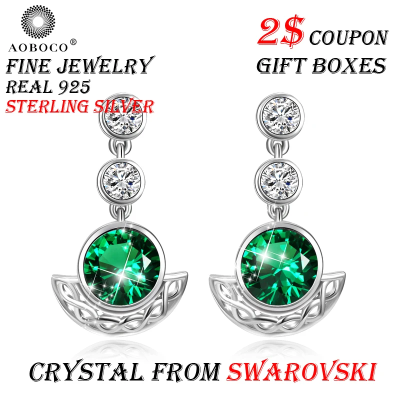 

AOBOCO Brand Sterling Silver Earring Trendy Green Crystal From Swarovski Drop Earrings For Women Party Fine Jewelry Gift Boxes
