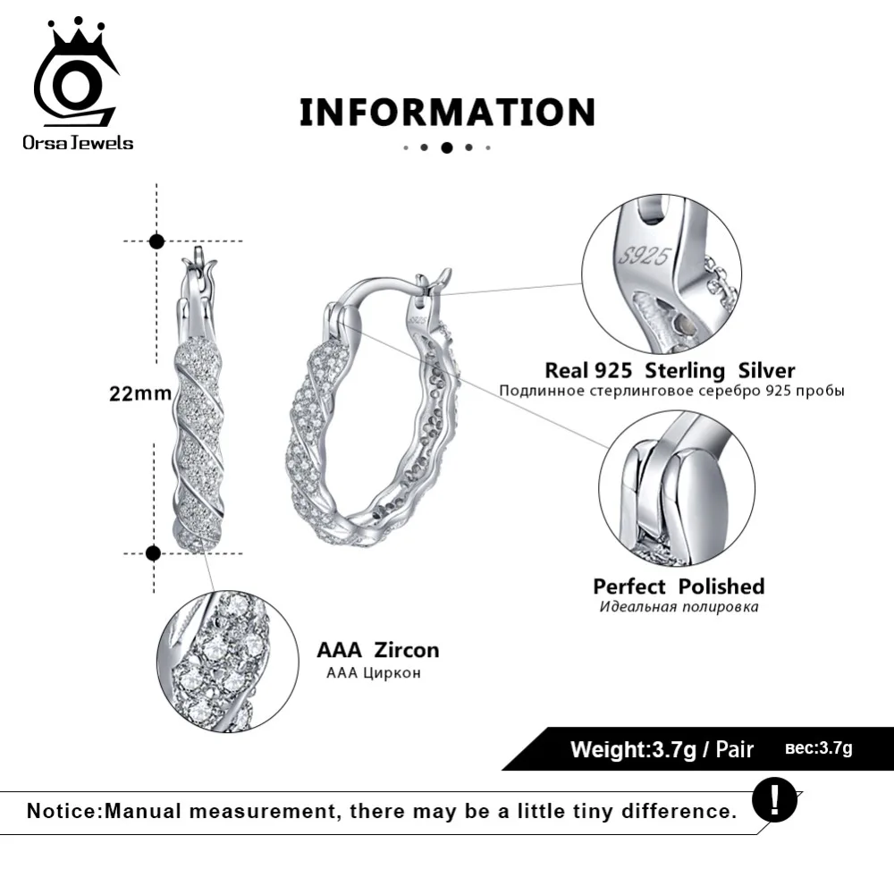 ORSA JEWELS Аутентичные 925 пробы серебряные серьги-кольца для женщин AAA кубический циркон круглые серьги модные ювелирные изделия подарок SE81