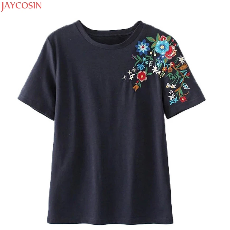 JAYCOSIN Women Flower Embroidery Shirt Short Sleeve Tees Ladies Casual | Женская одежда