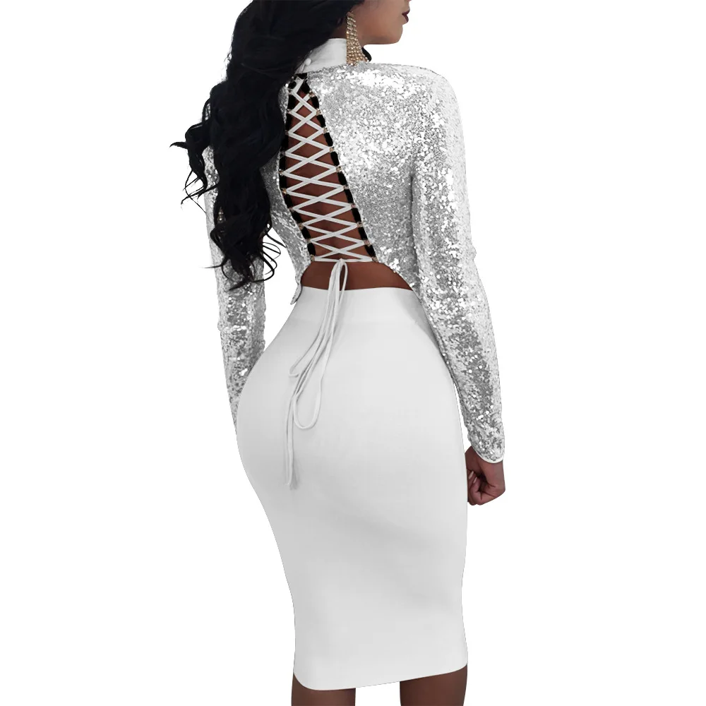 Хлопковый костюм с длинным рукавом и блестками пикантный из двух предметов