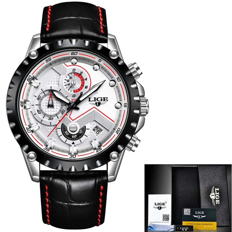 silver white 2019LIGE модные мужские часы Топ Бренд роскошные кожаные часы мужские военные спортивные водонепроницаемые аналоговые кварцевые часы Relogio Masculino - Цвет: silver white