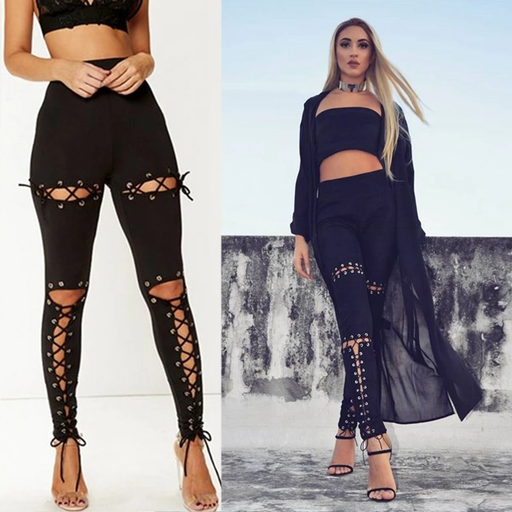 Sexy corners with trousers Womens Front Lace Up Bandage Slim Legging Pencil long Pants | Женская одежда