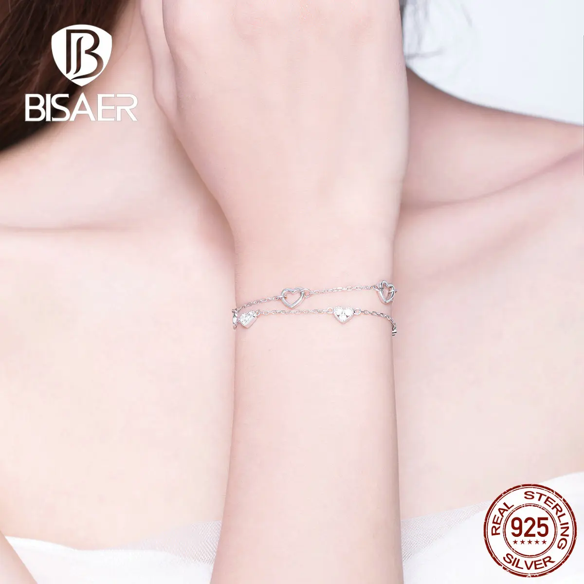 BISAER 925 пробы Серебряный красивый браслет на цепочке с сердечком для женщин подарок для влюбленных трендовые ювелирные аксессуары GXB151