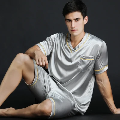 gray Новые летние Мужская пижама набор сексуальные пижамы мужские с коротким рукавом шорты пижамы Модные мужские домашние наборы - Цвет: gray