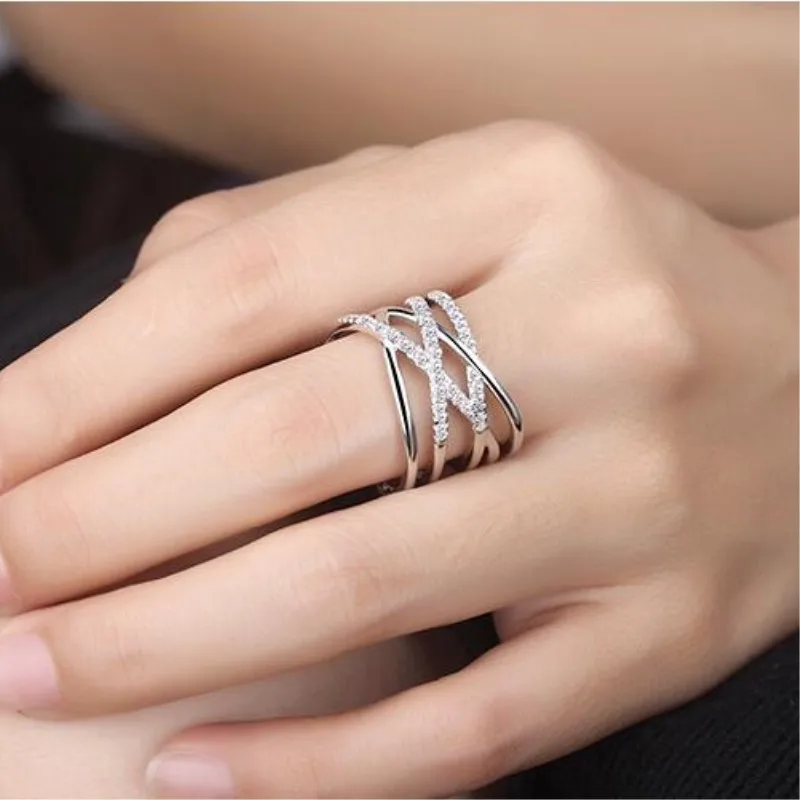 

High-quality Popular New 925 Sterling Silver Jewelry Female Multi-layer Cross Flash Crystal Temperament Opening Rings SR345