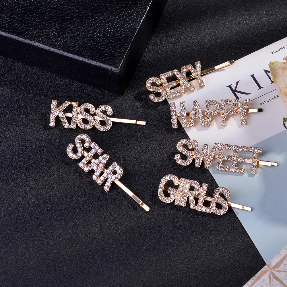 

3 Pcs/lot Rhinestone Barrettes for Girl Letters HOPE LOVE DREAM KISS SEXY SWEET HAPPY GIRLS Hair Stick Hair Pin Accesorios Women