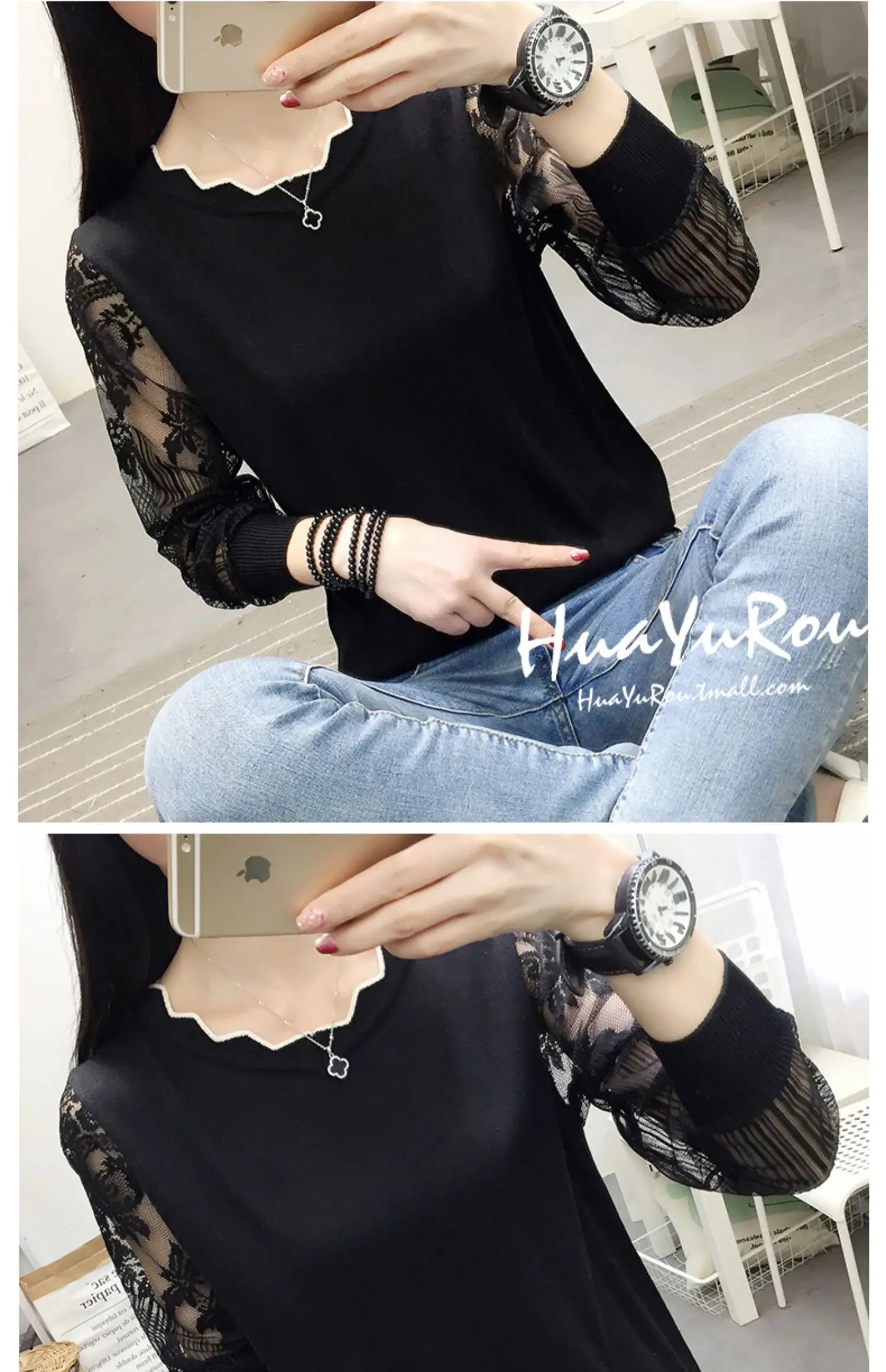 OHCLOTHING 2019New кружевной свитер женская нижняя блуза с длинным рукавом свободная весенняя новая тонкая трикотажная блузка трендовая блузка