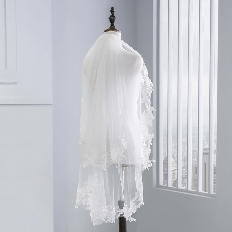 100% реальные фотографии! Свадебная фата с кружевной каймой аппликацией