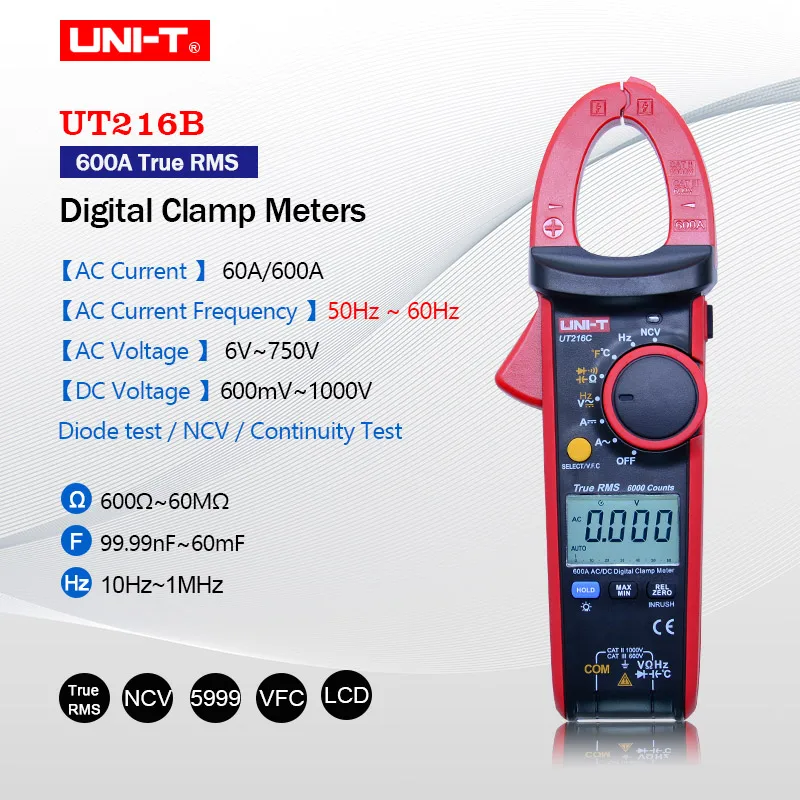 UT216B UNI-T UT216 серии 600A True RMS Цифровые токовые клещи Автоматический диапазон мультиметры переменного напряжения тока щипцы-тестеры - Цвет: UT216B