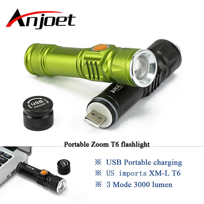 

Anjoet portable light mini USB flashlight XM-L T6 LED torch rechargeable 18650 Built-in battery waterproof flash light 3000 lume