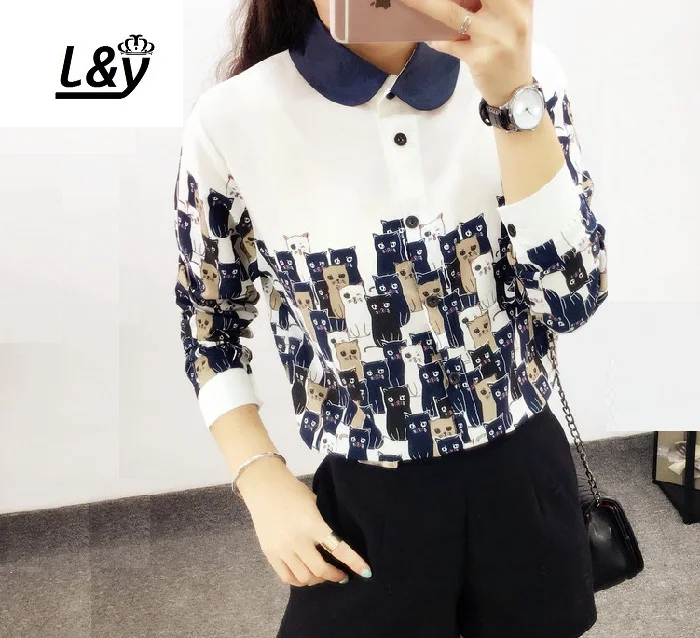 Фото L & Y/модная шифоновая блузка с рисунком кота из мультфильма рубашка топы женские L & Y/модная шифоновая блузка с рисунком кота из мультфильма рубашка топы женские
