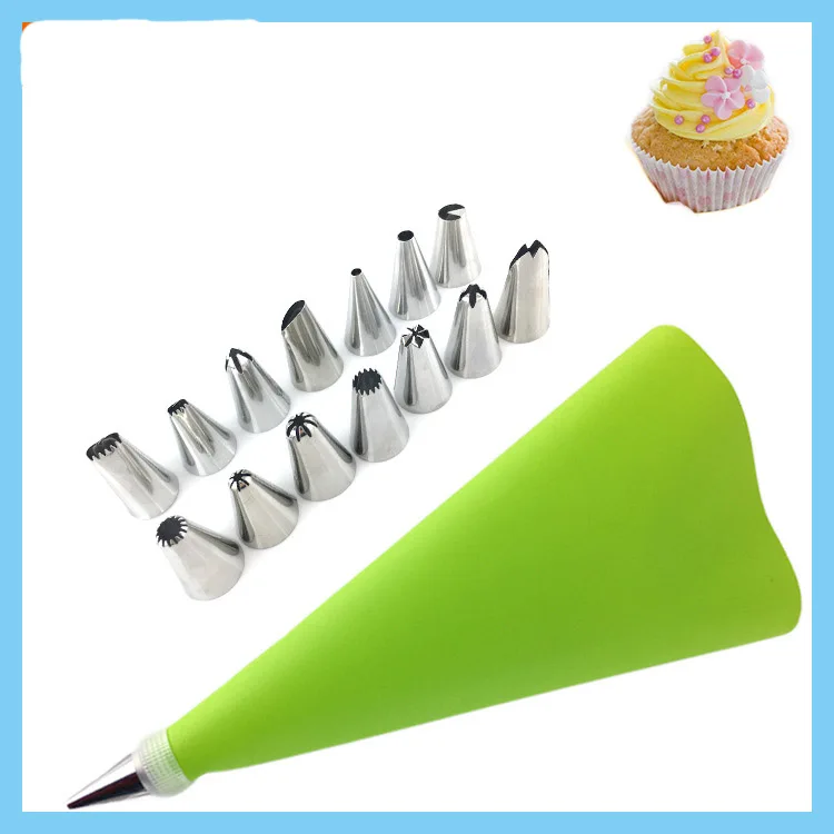 green 16 шт./компл. силиконовые кондитерского мешка наконечники форсунки DIY глазировки крем многоразовый кондитерский сумки 14 шт сопла Мороженое Плесень+ Муфта конвертер - Цвет: green