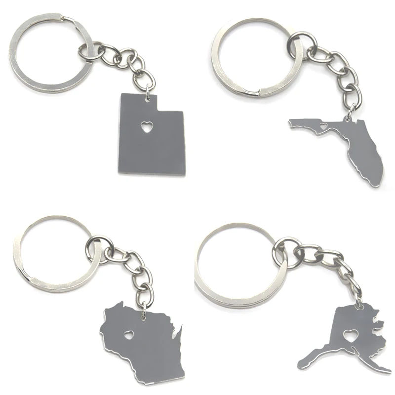 Брелок для ключей с картой штата США серебристый тон Аризона Техас Нью Флорида