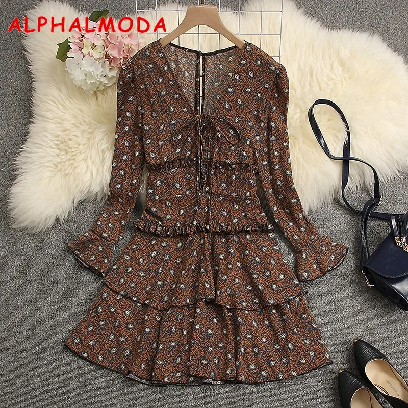 Женское шифоновое платье ALPHALMODA на шнуровке с вырезами длинные расклешенные