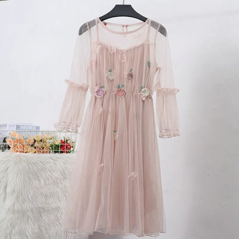Women Fashion Dress Женское платье с рукавом-фонариком, Тюлевое платье с круглым вырезом, платье с цветочным принтом и бабочкой, повседневный пуловер, Сетчатое, Марлевое, эластичное, тонкое, высокая талия, вуаль, платье с оборками - Цвет: Women Fashion Dress