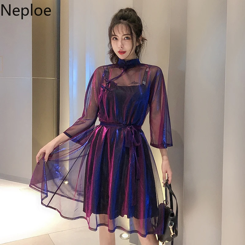 Neploe женский костюм из двух предметов Ретро Slash шеи платья + милый пуловер Drawstring