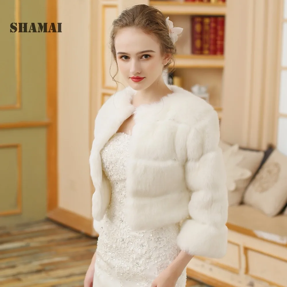 SHAMAI женские зимние 3/4 свадебные куртки с длинным рукавом Теплые Меховые болеро Свадебная меховая накидка на плечи искусственный мех Свадебная куртка