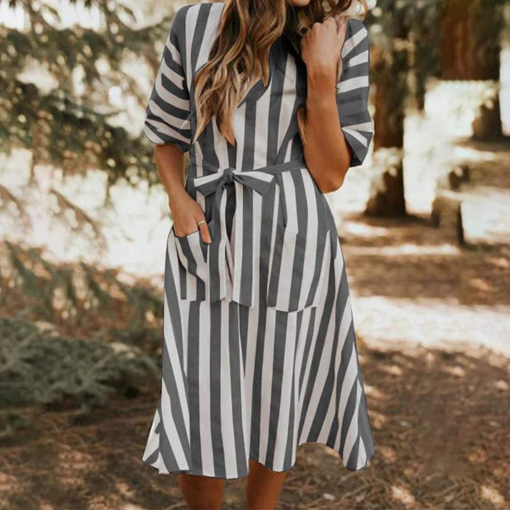 Женская одежда летнее богемное Полосатое платье с v образным вырезом карманом и
