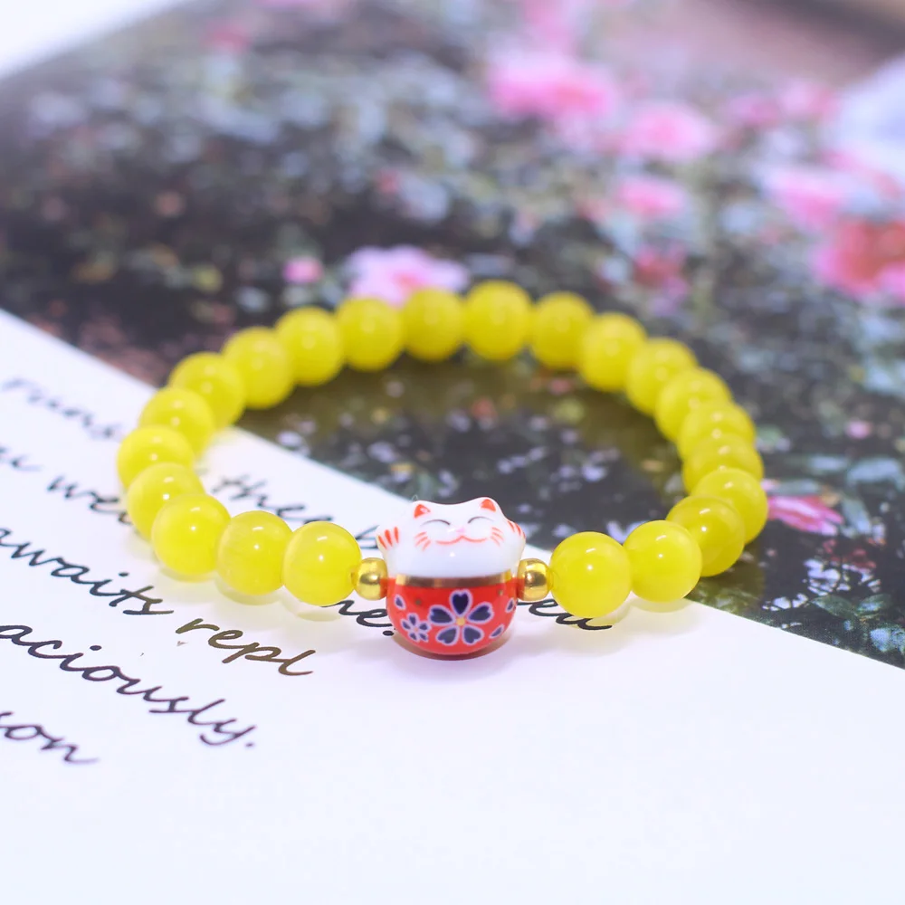 50 шт./лот Для женщин Lucky Cat Браслеты обсидиан эластичная веревка браслет из натурального камня бусины браслет керамическая фигура «Счастливая Кошечка» милый браслет - Окраска металла: 07