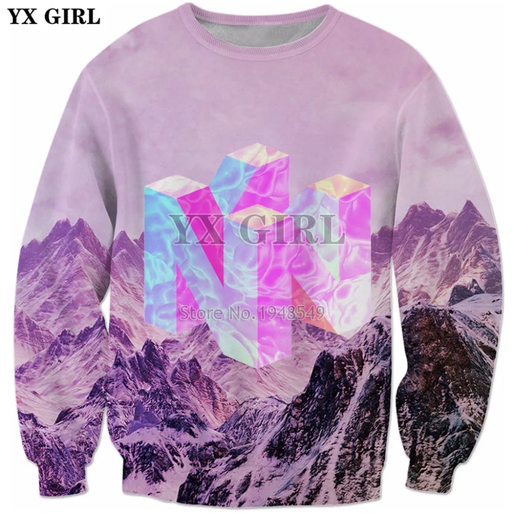 

YX GIRL 2018 New Fashion Mens 3d sweatshirt Nintendo 64 Vaporwave Snowy Mountain Collection Printed Crewneck Pullovers