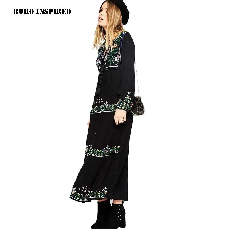 BOHO вдохновленный черный зимнее платье цветочной вышивкой женские макси платья