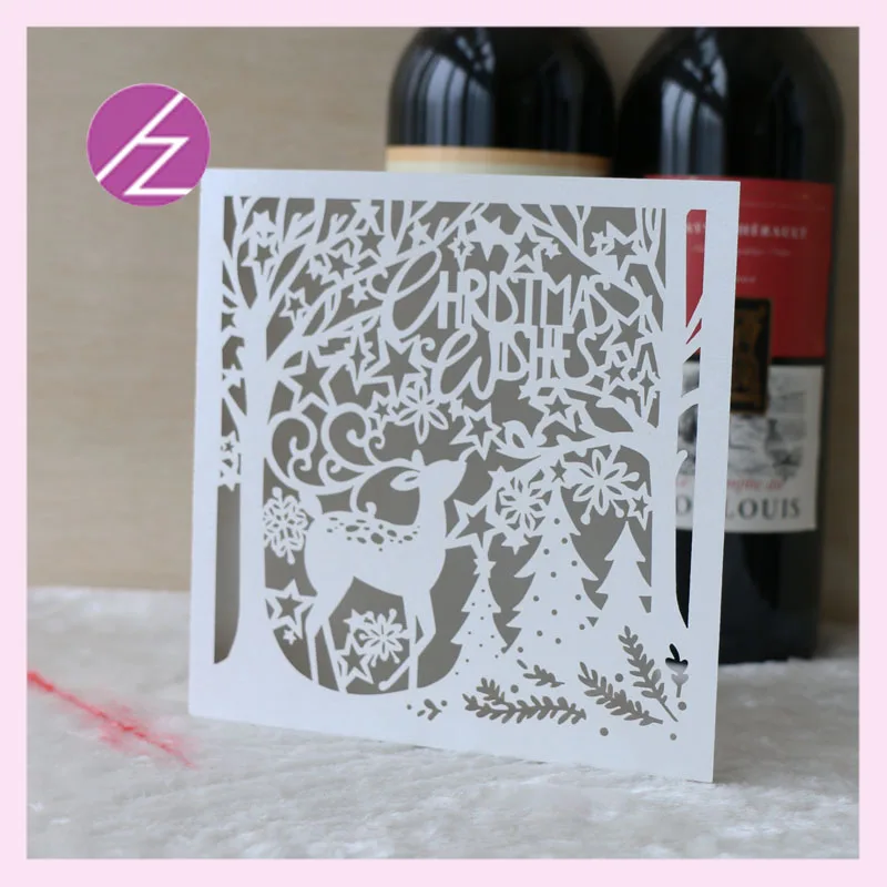 

50psc/lot Happy Merry Christmas carved laser cut christmas tree & deer greeting card Wedding Party business Invitation card