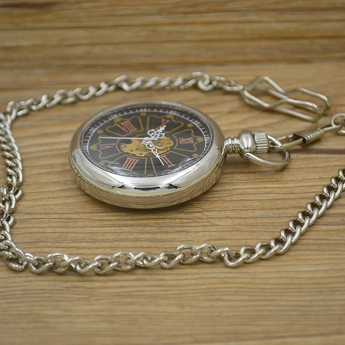 

wholesale fashion hand wind black Mechanical Pocket Watch men vintage retro Stylish smooth silver fob watches Roman Number hour