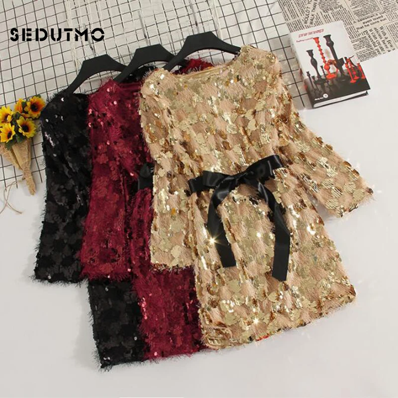 Летнее платье SEDUTMO с блестками Женская туника бантом пикантные вечерние платья