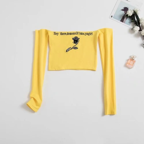 Yellow Женская длинная футболка с расклешенной вышивкой и вырезом-лодочкой в американском стиле с вышитыми надписями и открытыми плечами - Цвет: Yellow