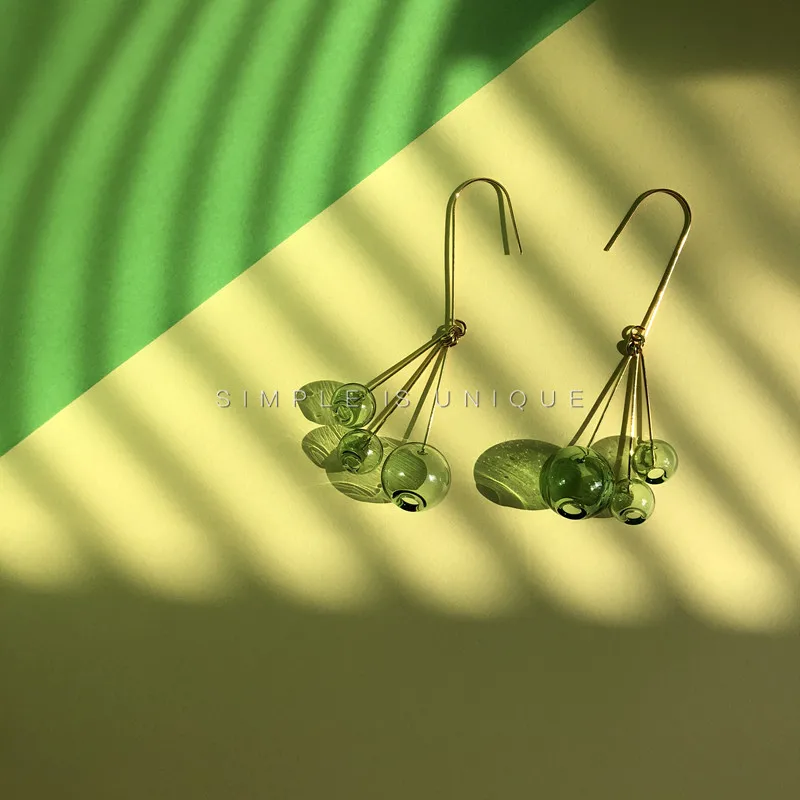 Cos Store Fresh Green Bubble Hook Earrings For Women Summer Style Glass Ball Dangle Earrings Korean Drop Earrings Femme