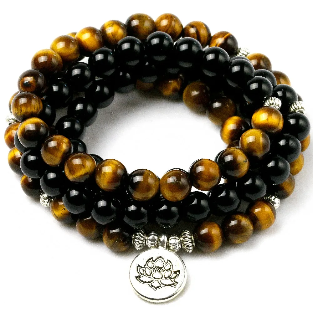 

Natural Tiger Eye Stone With Black Onyx Beaded Energy Buddha Bracelet Women Men Mala Health Yoga Wing Charm Jewelry Gift