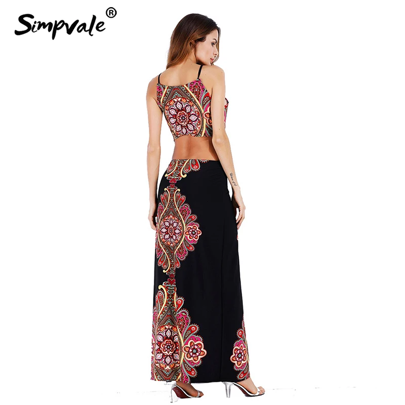 SIMPVALE Boho Стиль принт пупка платье Женский вырезать рукавов ремни Макси платья