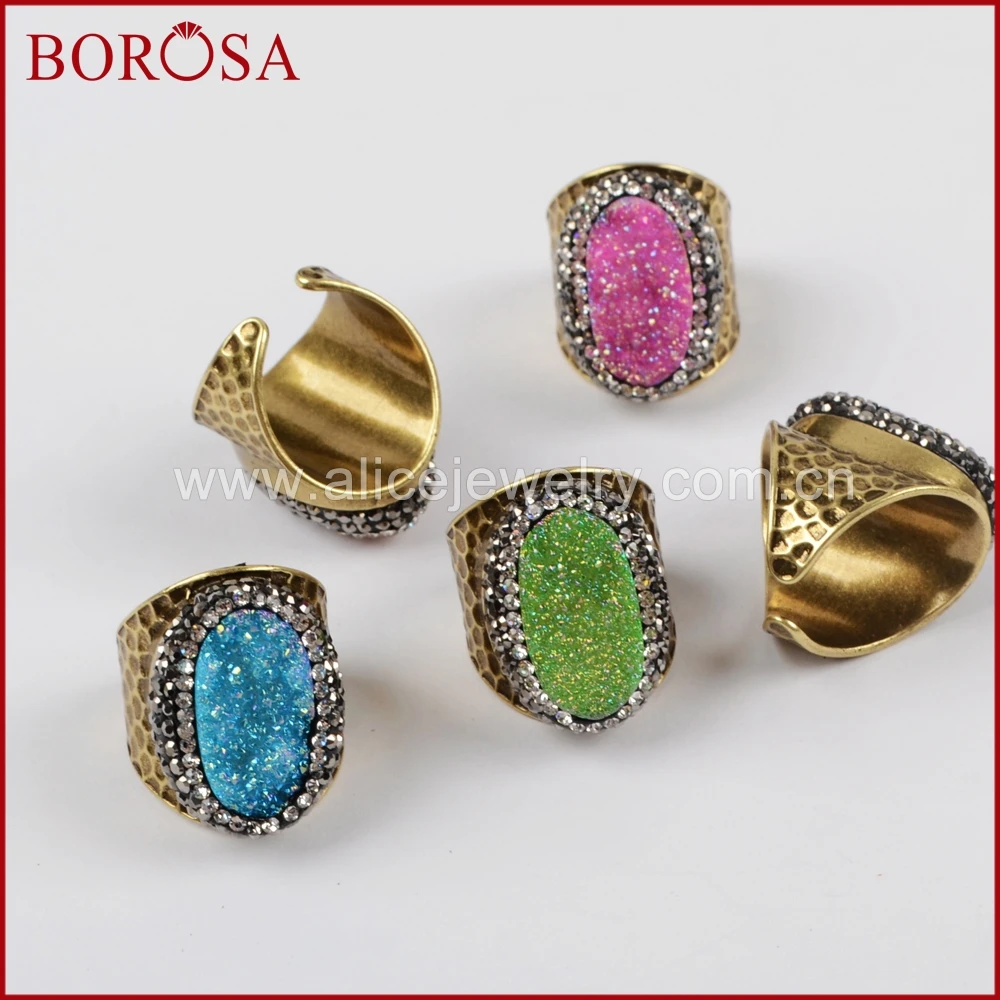 Овальный браслет из титана в форме бороса Радужный друзовый кварц Золотое кольцо