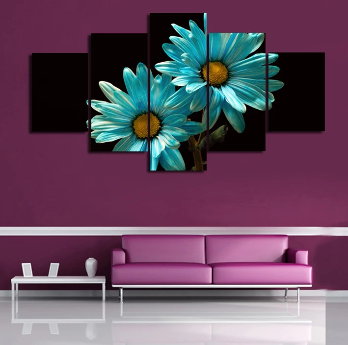 Unframed Blue Gerbera Painting 5 Panels Modern Wall Art On Canvas Beautiful Flower Printing Prints Poster | Дом и сад
