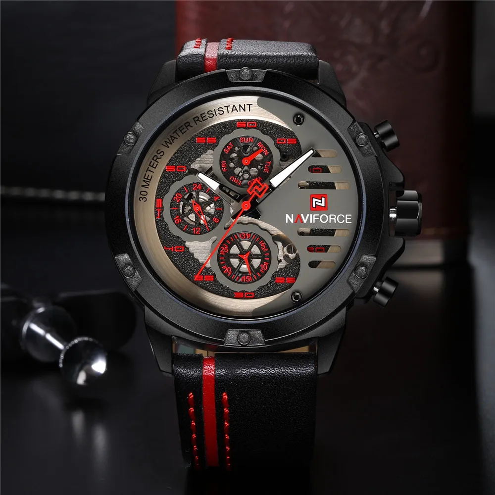 NAVIFORCE китайский бренд Мужские часы Роскошные Спортивные кварцевые часы Прямоугольные циферблаты 30 м водонепроницаемые Авто Дата красный кожаный ремешок