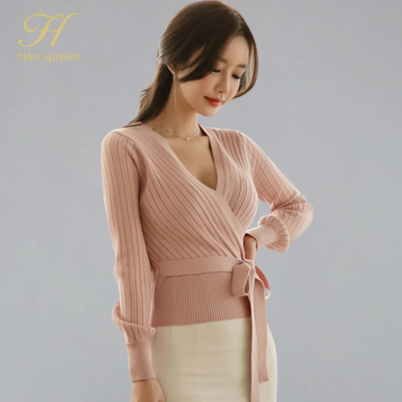 H Han Queen 2019 Spring Summer Knitted Stretch Bow Bandage Sweater Top Women Elegant Sexy Elastic Criss-cross Bottoming | Женская одежда