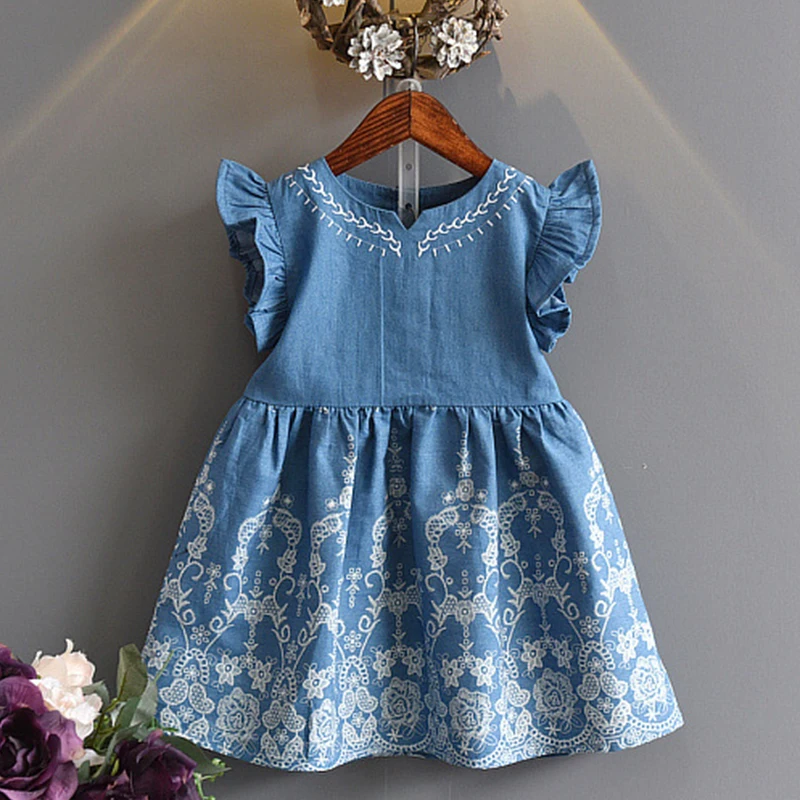 baby girl dress 2019 summer princess toddler dresses spring sleeveless denim a line floral 3 4 5 6 7 years | Детская одежда и