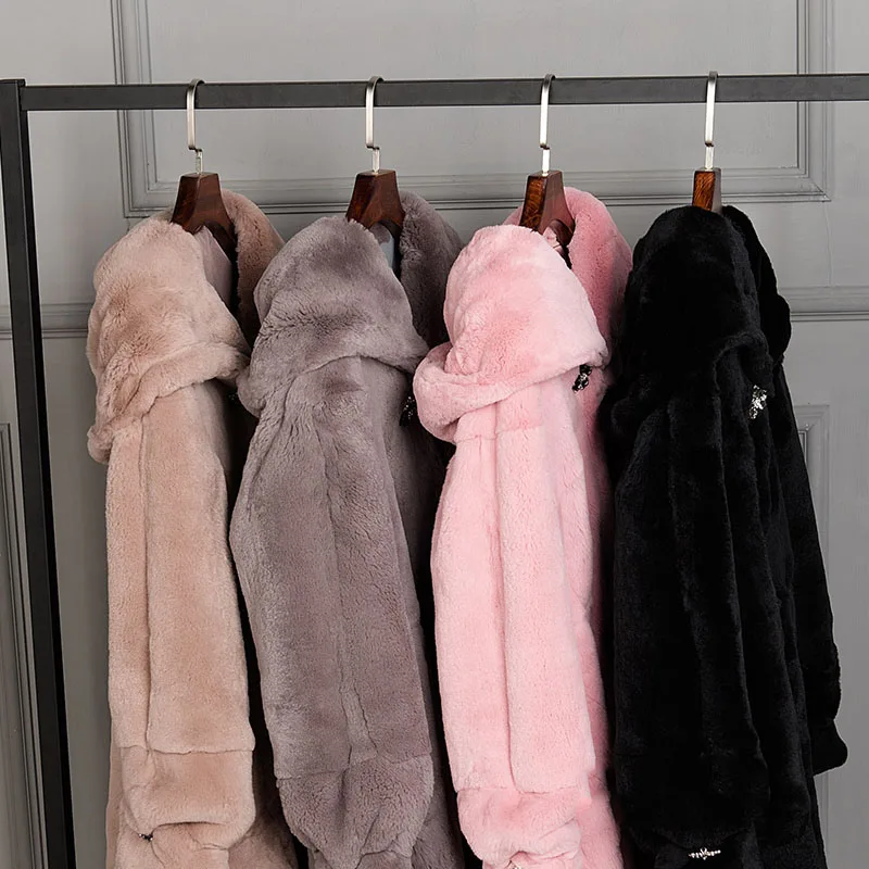 Loose fit hooded natural rex rabbit fur coats outerwear women A line crystal stone big bottom hem real fur jackets winter