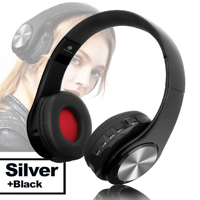 Black Silver TOMKAS Bluetooth наушники проводные беспроводные наушники Bluetooth гарнитура Складные стерео игровые наушники с микрофоном Поддержка TF карты - Цвет: Black Silver