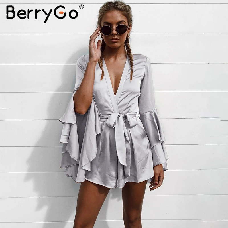Женский атласный короткий комбинезон BerryGo сексуальный с v образным вырезом