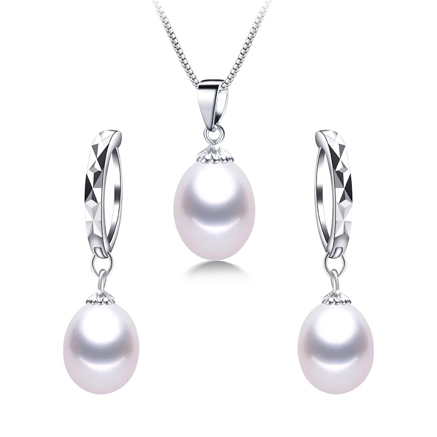 white pearl Натуральный пресноводный жемчуг, ювелирный набор, женская мода, 925 пробы, Серебряное свадебное ожерелье, набор из настоящего жемчуга, 8-9 мм, самый популярный - Цвет камня: white pearl