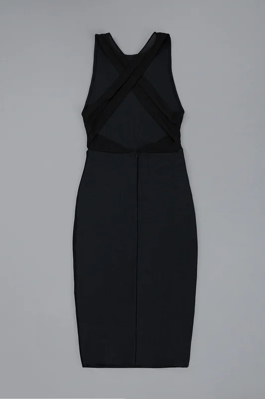 Мода крест обратно ремни платье повязки женщины твердые midi черный летом без