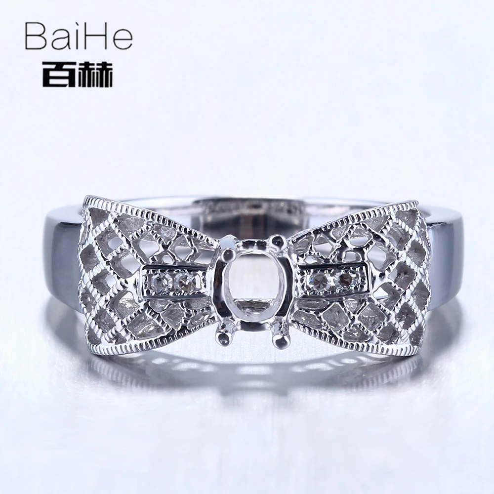 

BAIHE Solid 14K White Gold Oval Engagement Women Trendy Fine Jewelry Elegant unique bowknot diamond Semi Mount Gift Ring