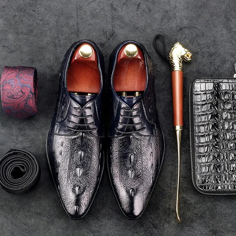 

Men Genuine Wingtip Leather Embossed Pattern Oxford Shoes Retro Working Dress Shoes For Male Lace Up Party Oxfords Shoes