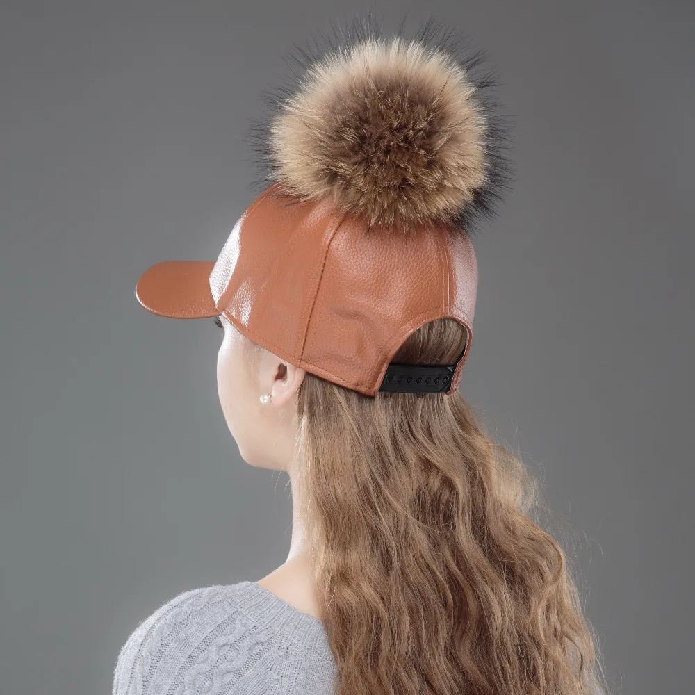 new women fashion winter baseball cap with mink fur pompom Snakeskin pattern Pu leather new fashion woman winter hats brand