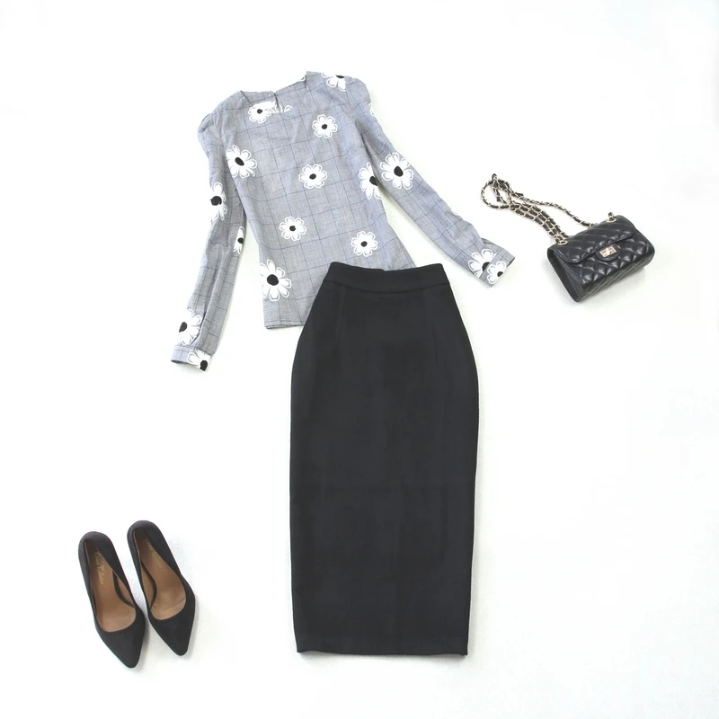 Осень-зима 2018 Женская клетчатая рубашка с длинным рукавом черная шерстяная юбка