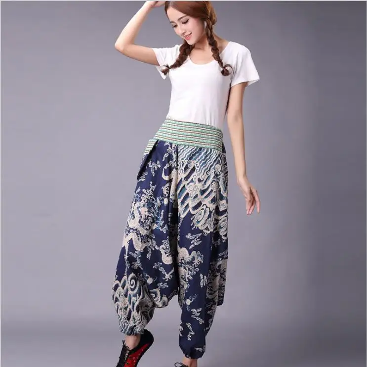 

Woman Joggers Linen Cotton Chinese Harem Pants Women Big Crotch Pants Nepal Baggy Linen Embroidery flowers Pants Female pantalon