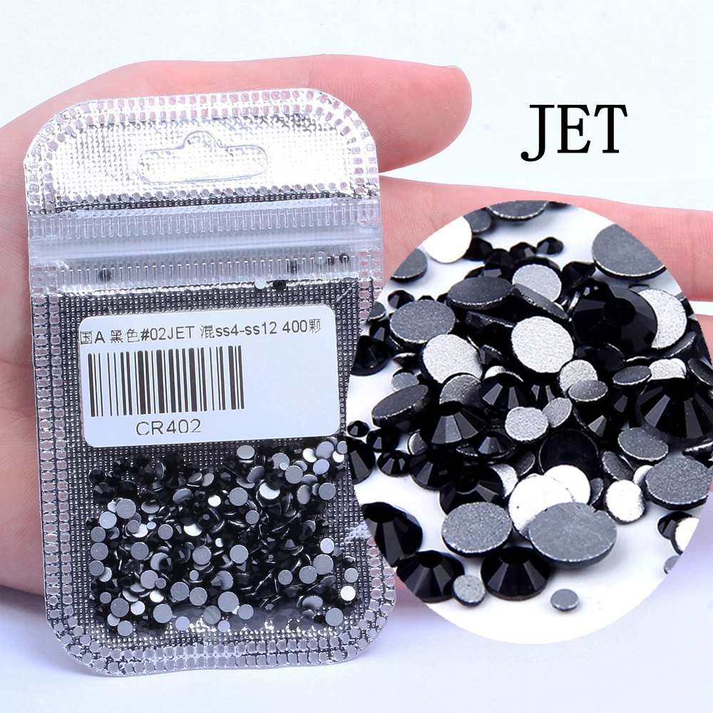 02 JET 400 шт, 60 цветов, разные размеры, ss4-ss12, для дизайна ногтей, не горячей фиксации, хрустальные стразы, сделай сам, плоские с оборота, 3D стеклянные украшения для ногтей, стразы - Цвет: 02 JET