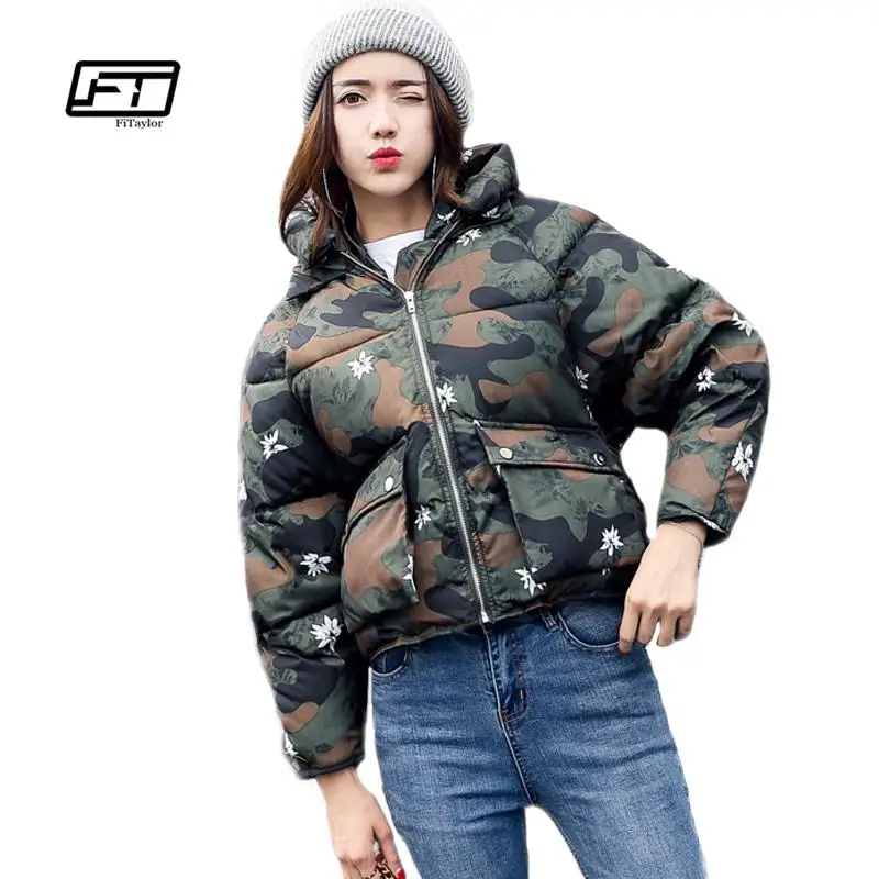 FTLZZ короткая зимняя куртка для женщин с капюшоном, теплые куртки, пальто для женщин, рукав летучая мышь, толстая верхняя одежда, пальто для женщин, женские парки розового цвета - Цвет: camouflage